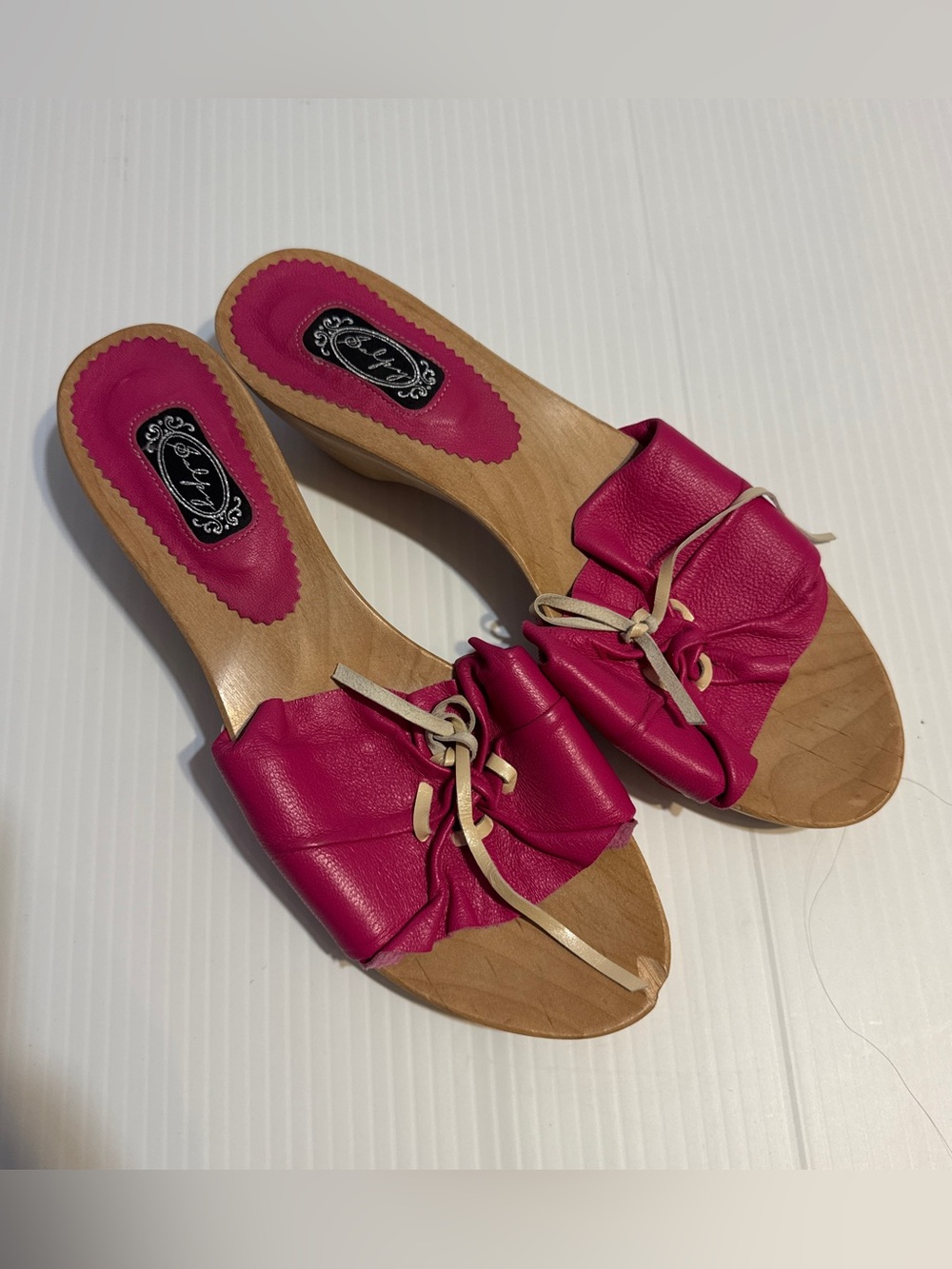 Salpy Pink Leather Wooden Clog Mule Sandals Bow Slip On Heels Women’s US 9